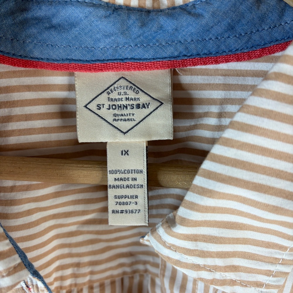 St. John's Bay Button Down Shirt Womens 1X Tan White Striped Cotton Long Sleeve - Picture 2 of 8
